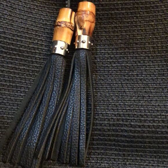 Talbots Black leather and Jute bamboo tassel hobo handbag. - Picture 2 of 8